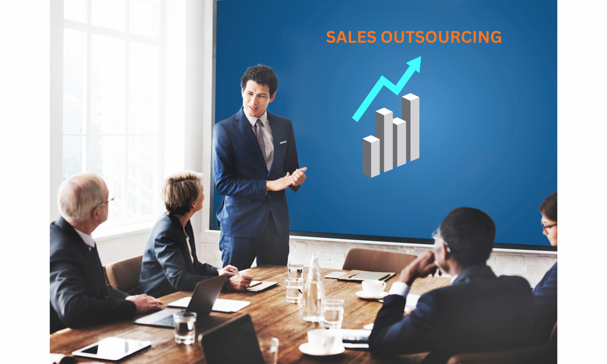 Business professional presenting a sales outsourcing strategy with growth chart on screen to colleagues in a conference room.