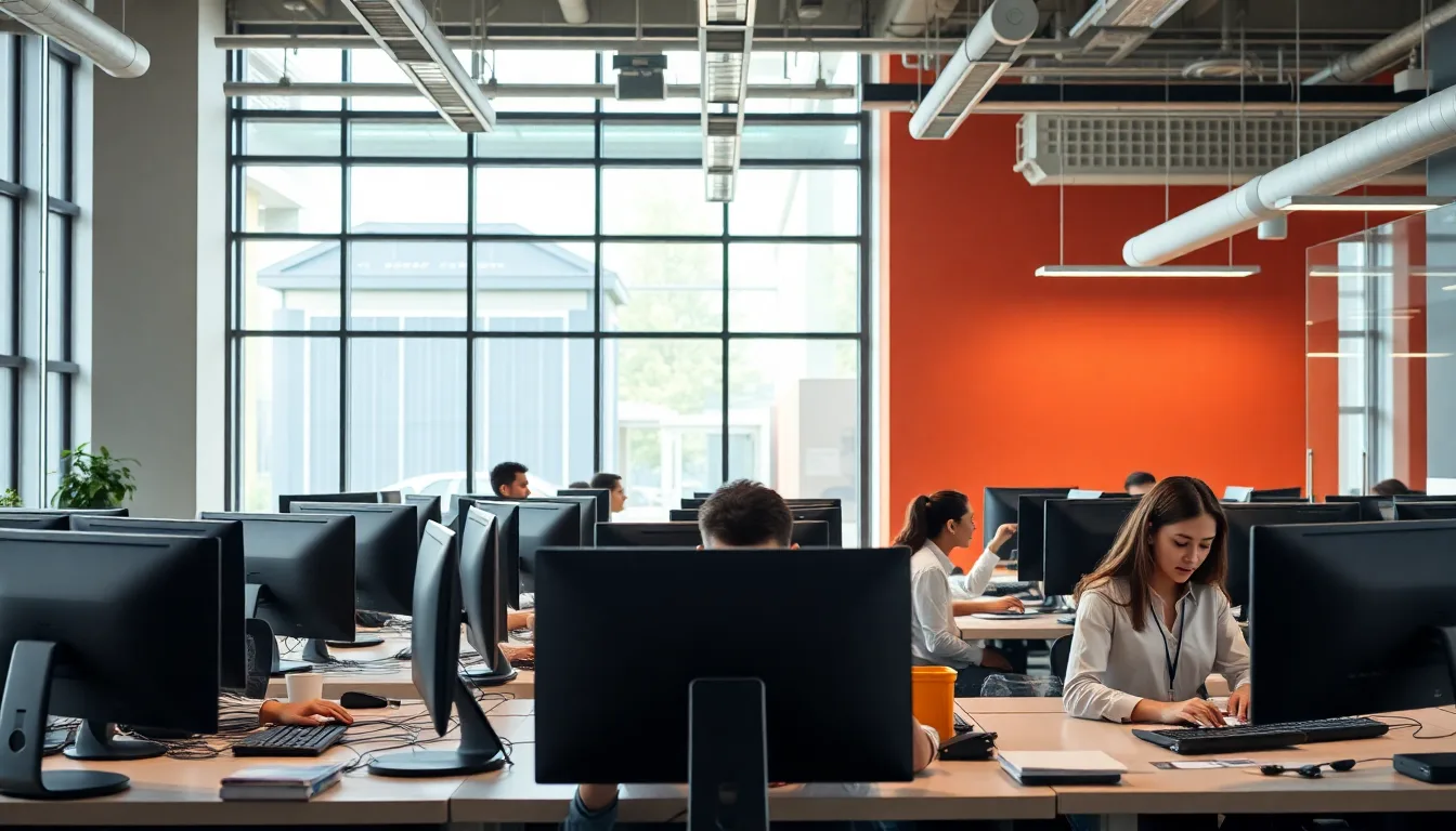 Offshore professionals working in modern open-plan BPO office