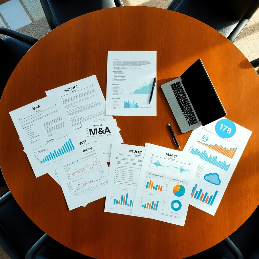 M&A deal flow documents and financial charts on conference table -- Kore BPO