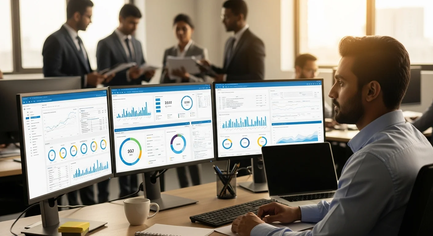 Offshore data analyst reviewing SQL dashboards and Power BI reports — Kore BPO