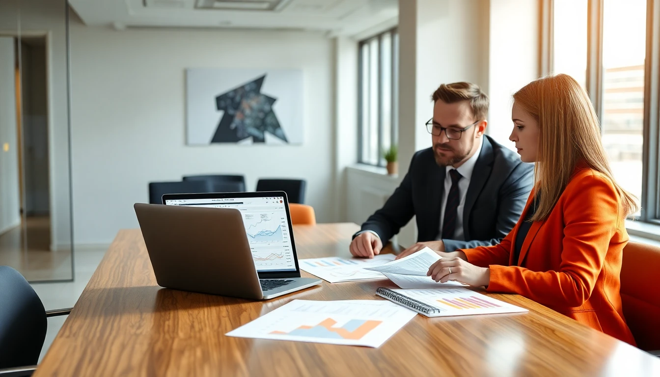 Two professionals reviewing analytics reports and line graphs — offshore data engineering scalability