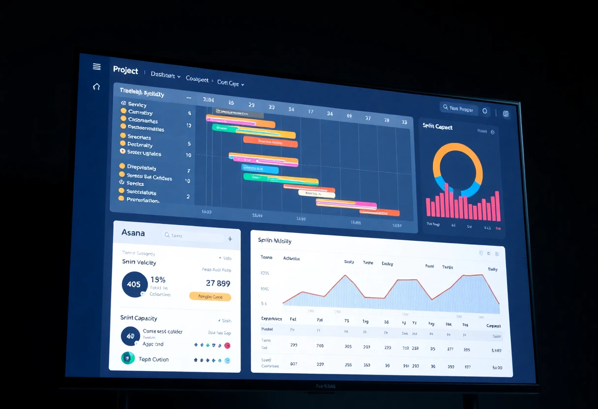 Project management dashboard showing Gantt chart milestones and sprint velocity — Kore BPO