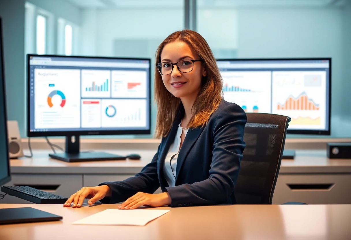 Offshore business analyst reviewing data dashboards and requirements documentation — Kore BPO