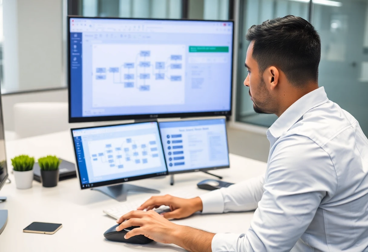 Offshore business analyst reviewing process flow diagrams and requirements in Confluence — Kore BPO