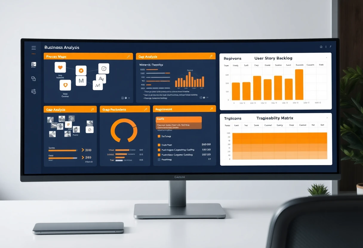 Business analysis dashboard showing process maps, gap analysis, and requirements backlog — Kore BPO
