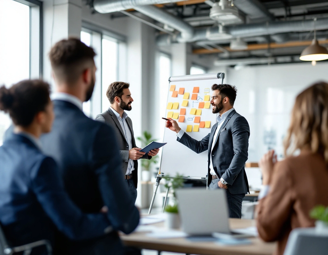 Sales and marketing team strategy session with whiteboard — Kore BPO
