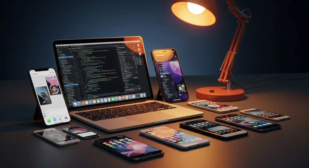 Offshore mobile app developer at modern workstation with smartphone prototypes
