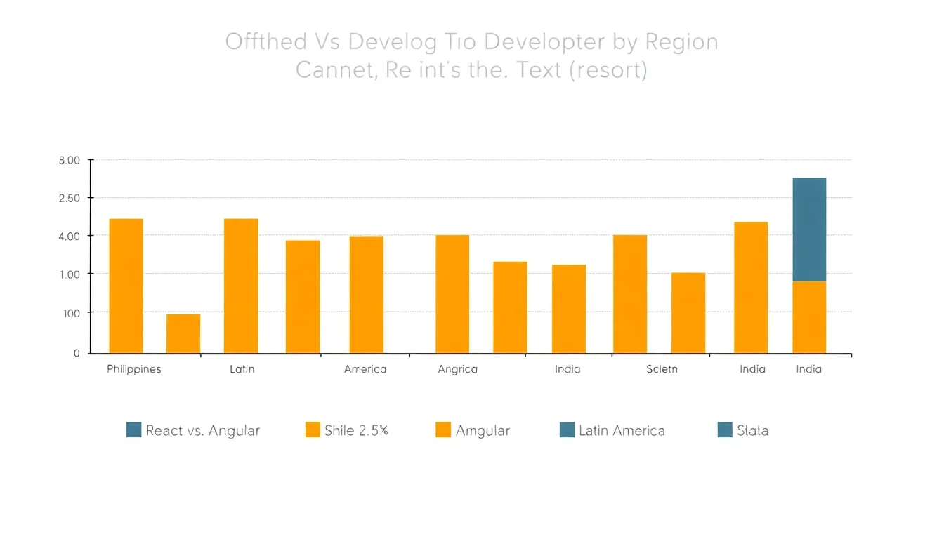 bar chart comparing React vs Angular offshore developer talent pool size across Philippines, Latin America, and India in 2026