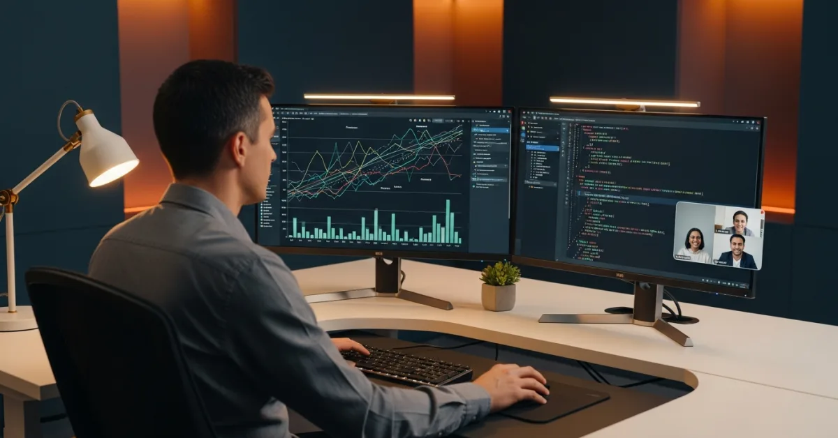 data scientist reviewing ML model outputs on dual monitors with offshore team on video call