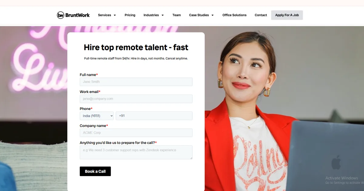 BruntWork homepage showing hire top remote talent fast service