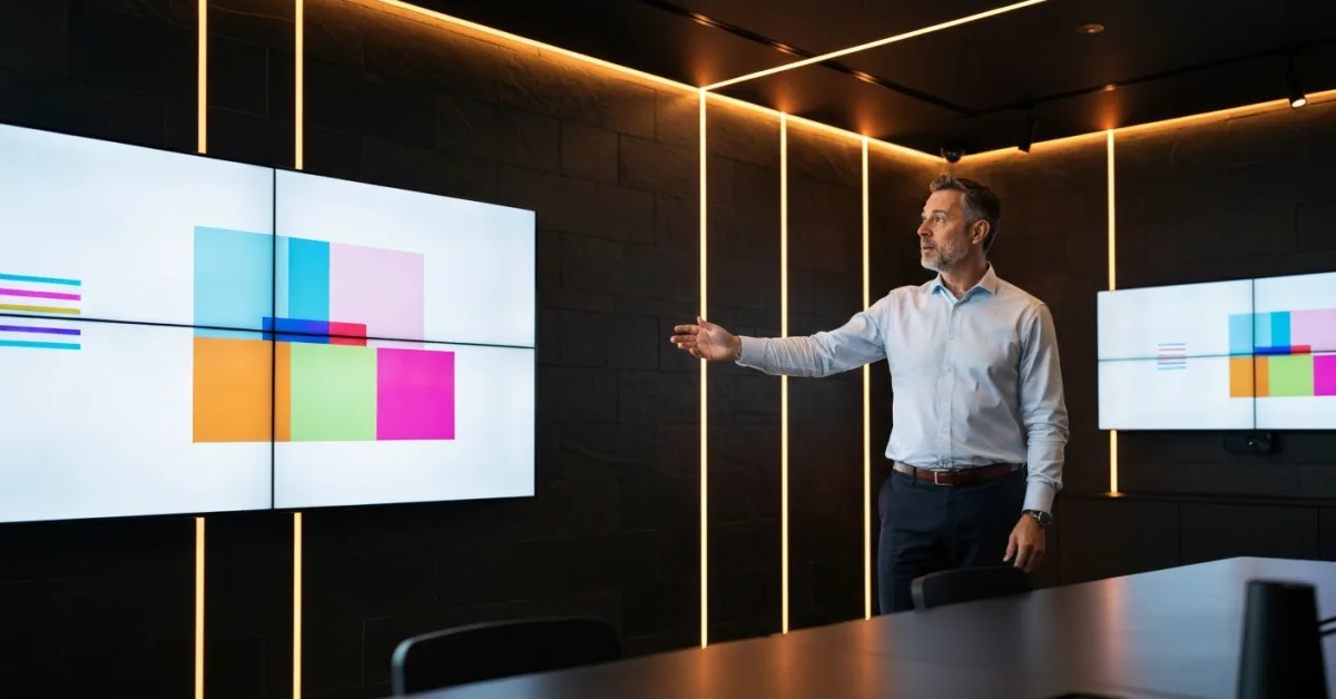 CMO reviewing a marketing outsourcing framework on a whiteboard with keep in-house vs hand off columns