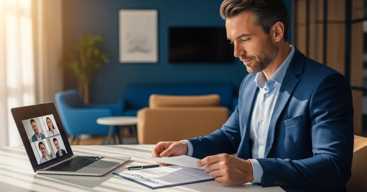 SMB CEO reviewing an outsourcing contract with offshore team on laptop screen