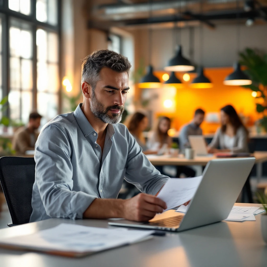 startup founder reviewing hr outsourcing options on laptop with small team in background