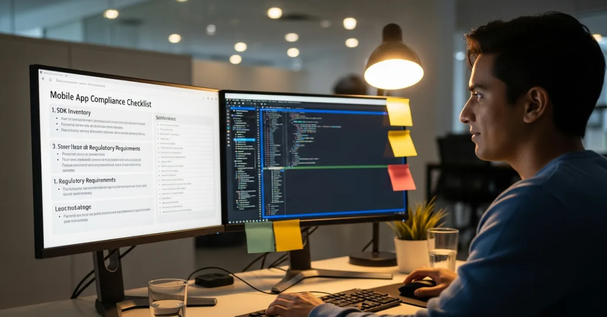 offshore Android developer completing Google Play Data Safety form showing SDK data mapping and third-party disclosure checklist