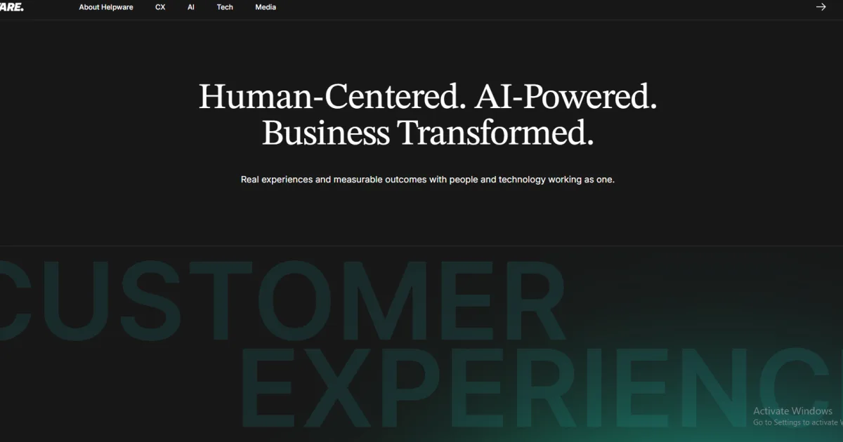 Helpware homepage showing human-centered AI-powered BPO services