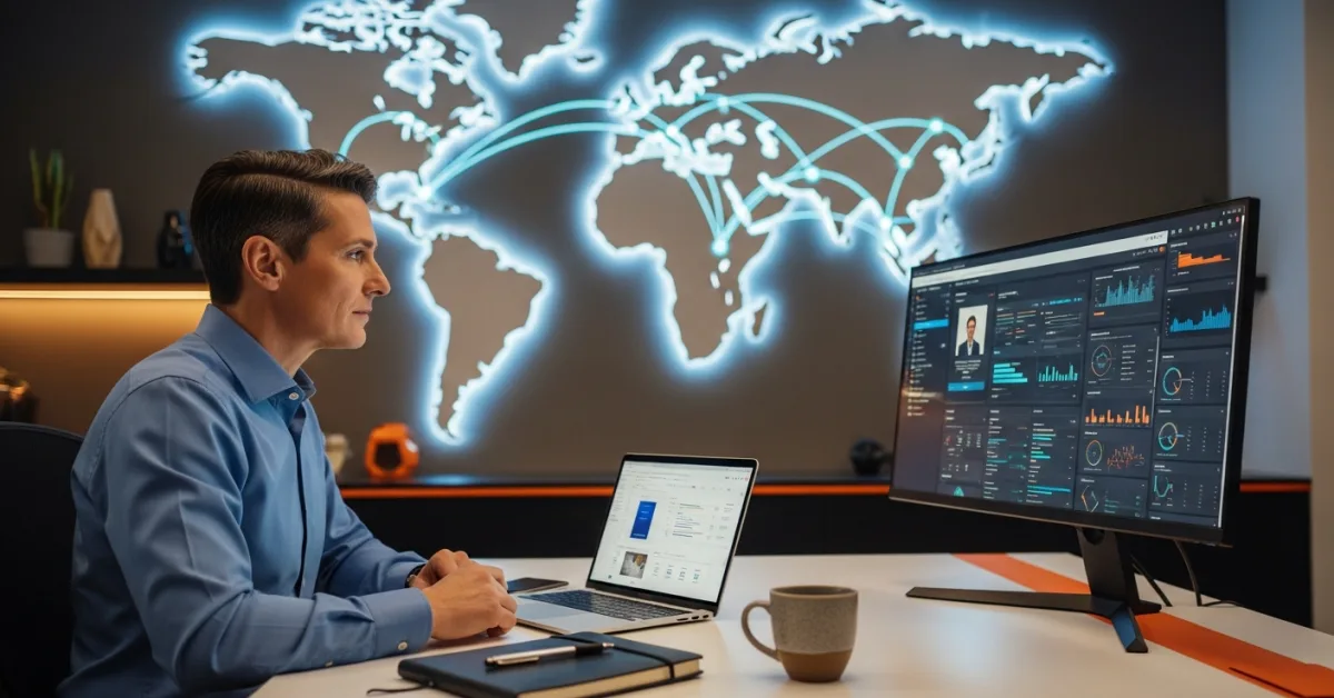 US company manager reviewing offshore data science team profiles on a laptop with global talent map in background