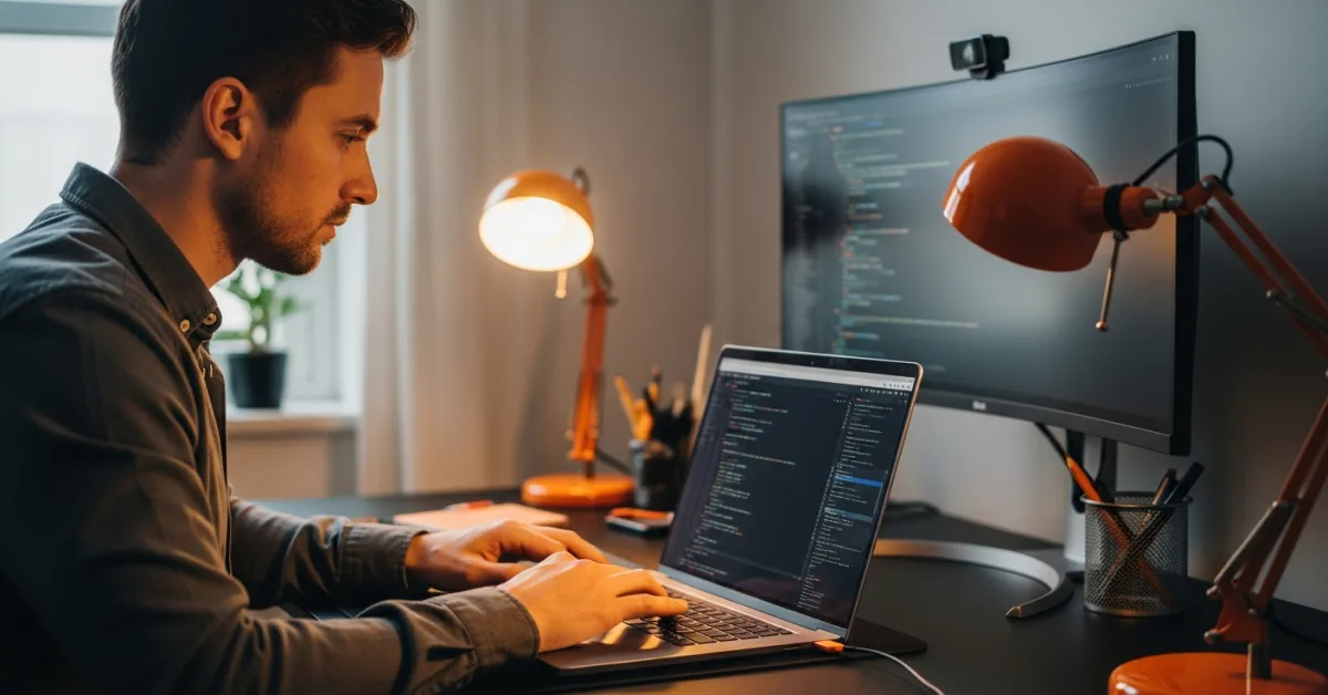Offshore Node.js developer working at a laptop with code on screen, clean modern home office with orange accent lamp - Kore BPO