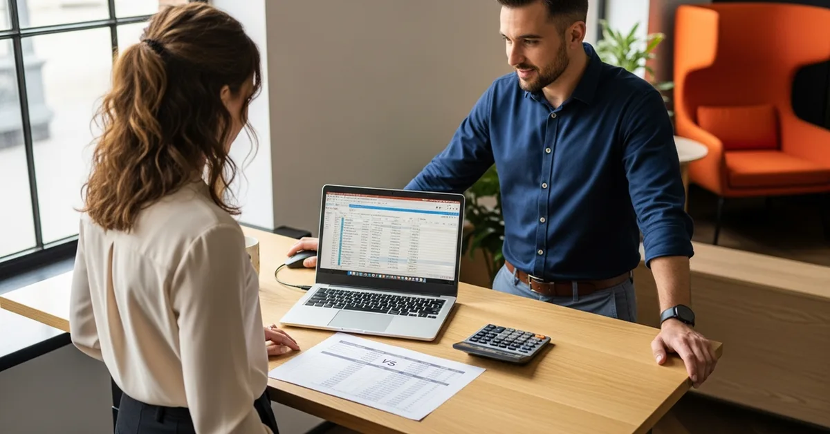 small business owner reviewing outsourcing ROI calculations on a laptop with financial documents