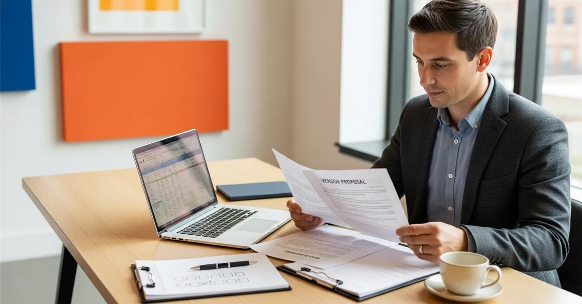 founder reviewing hr outsourcing vendor proposals at a desk with a checklist and laptop
