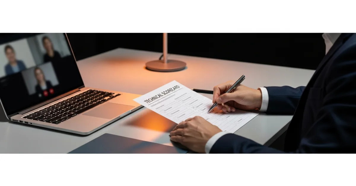 hiring manager reviewing technical interview scorecard for offshore developer vetting process