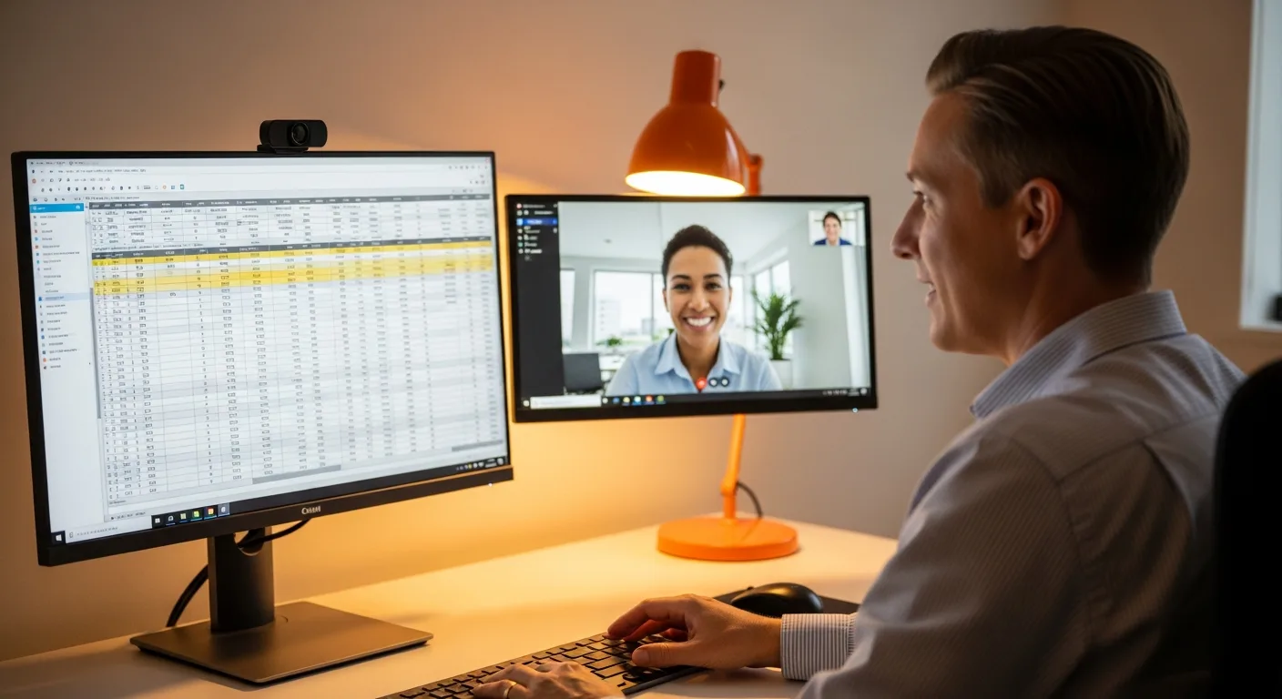 hr outsourcing cost comparison showing business owner at desk with offshore team member on video call