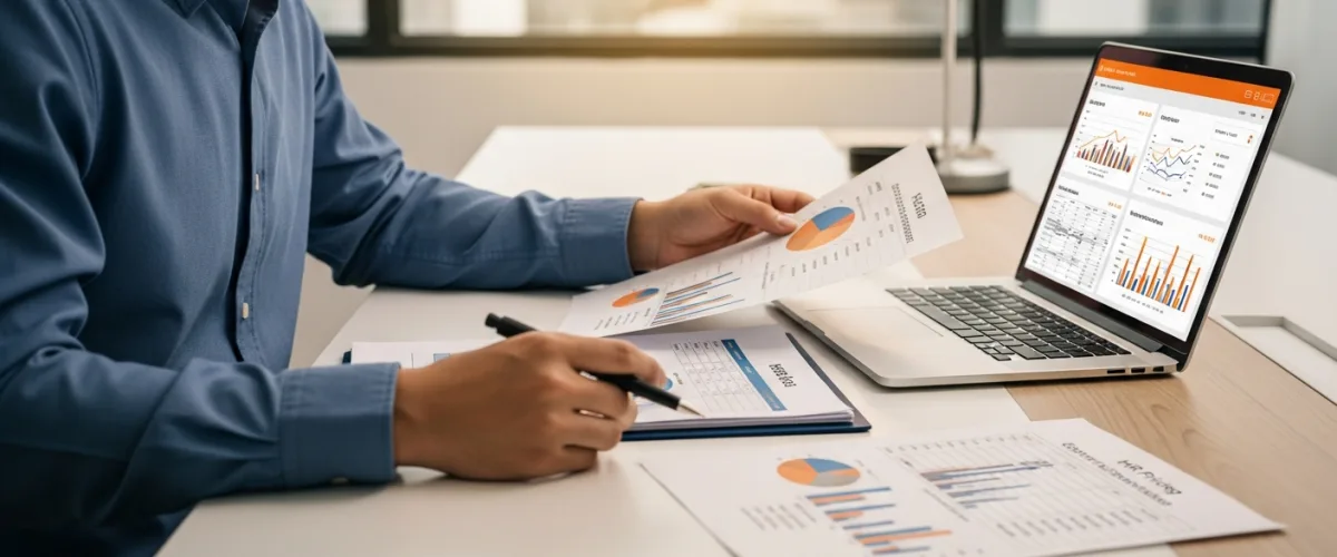 Business owner reviewing HR outsourcing pricing model comparison charts with cost data on laptop