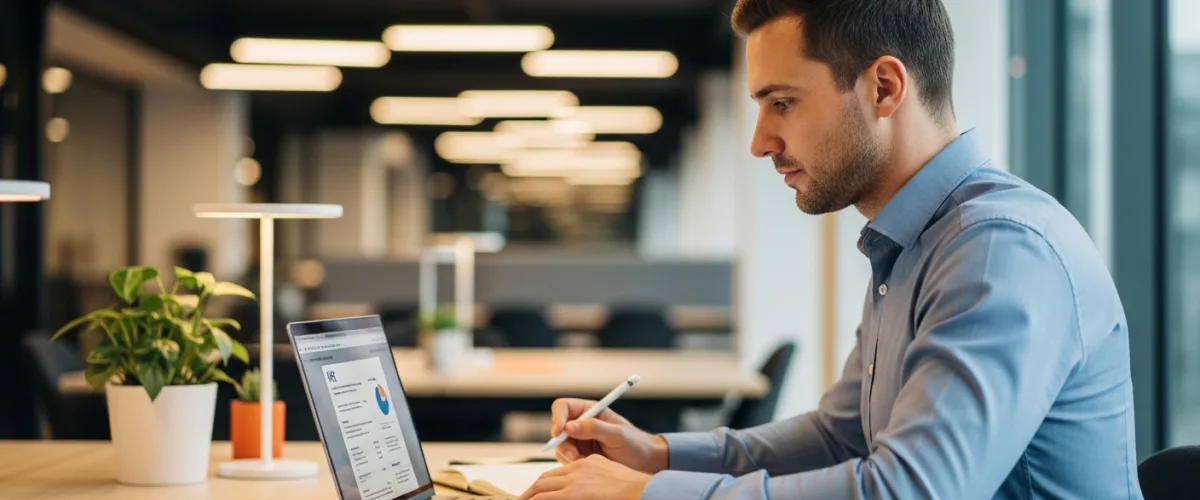 startup founder reviewing hr outsourcing options at desk
