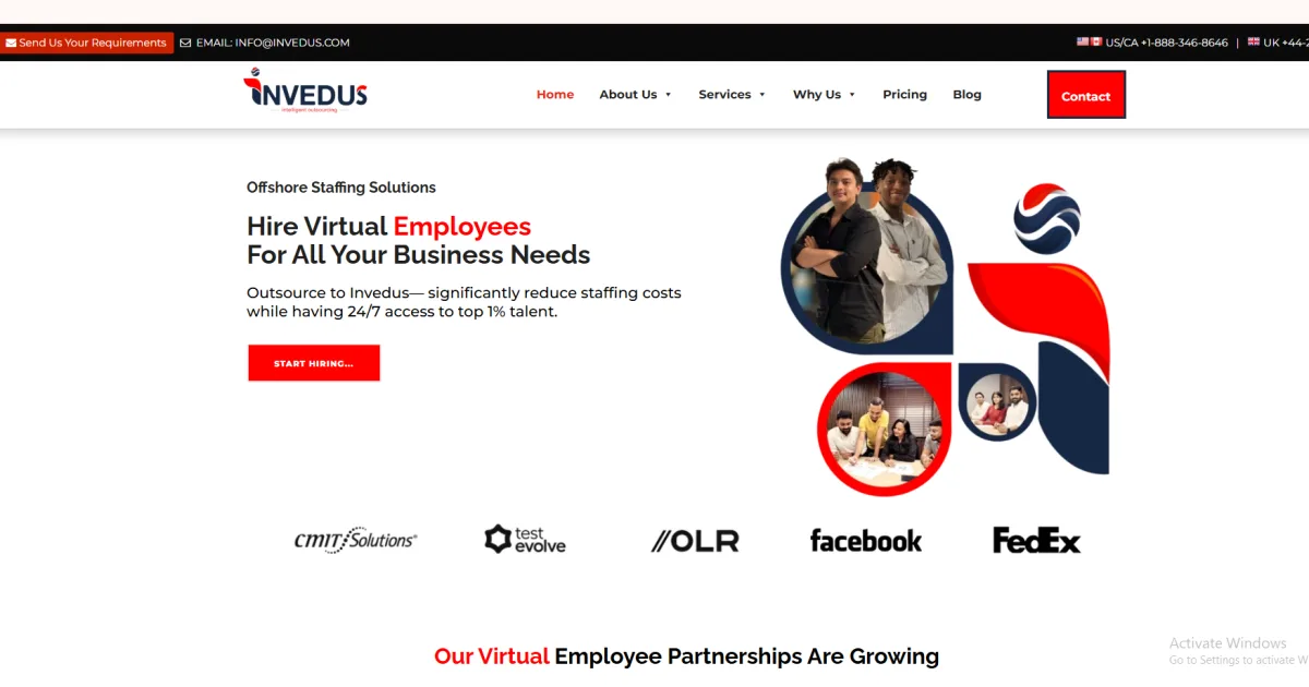 Invedus homepage showing hire virtual employees for all business needs