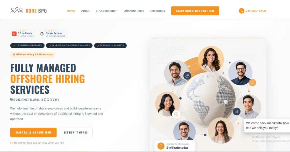 Kore BPO homepage showing fully managed offshore hiring services for US businesses