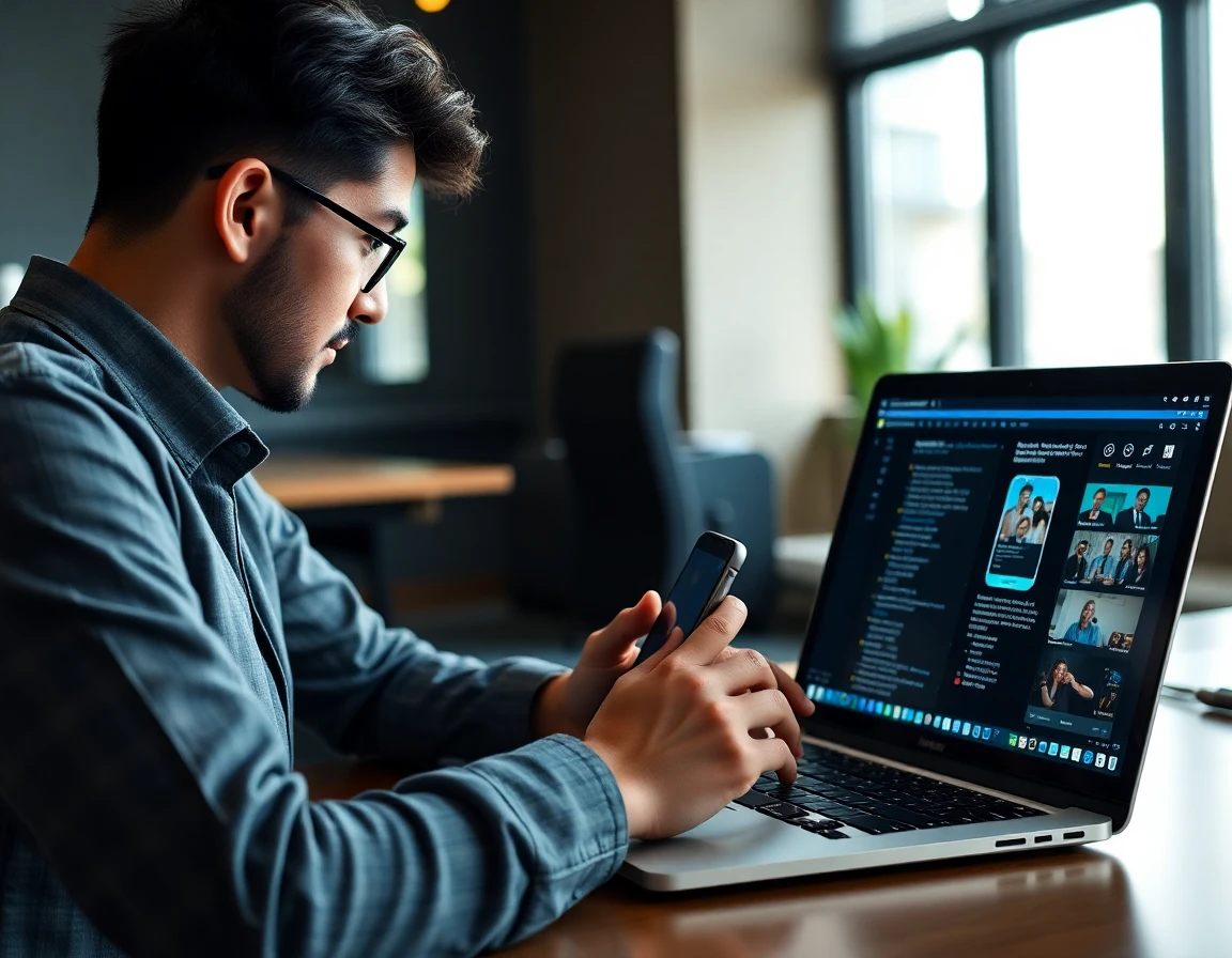 Android developer testing app on smartphone and laptop