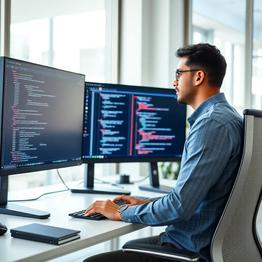 Offshore Angular developer reviewing component architecture on dual monitors in a modern Hyderabad office