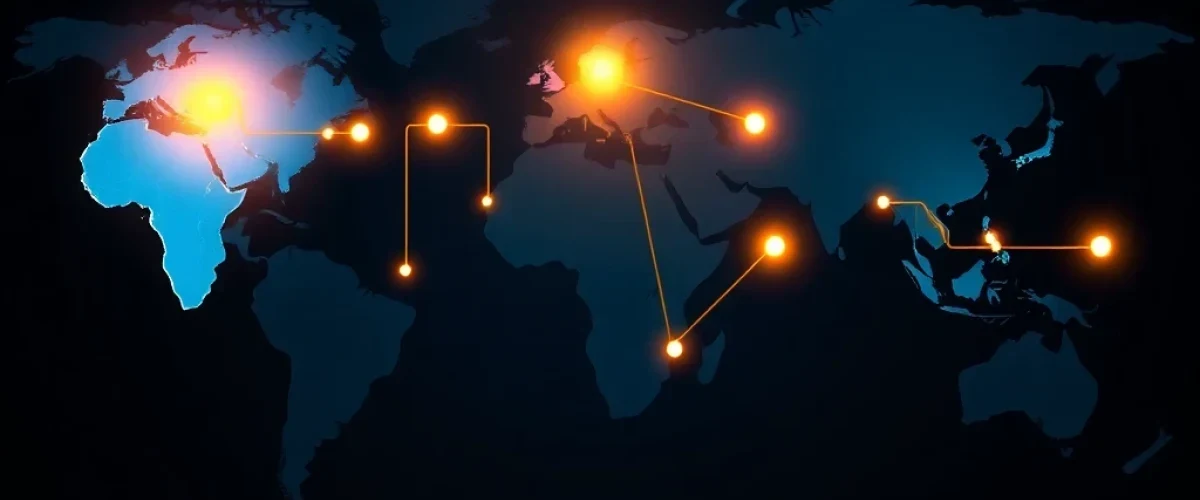 world map with data pipeline nodes connecting Asia, Latin America, and Eastern Europe to US office