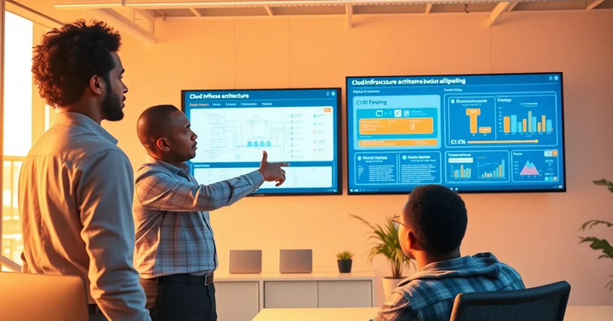engineering team reviewing devops infrastructure decisions on a whiteboard with offshore team on screen
