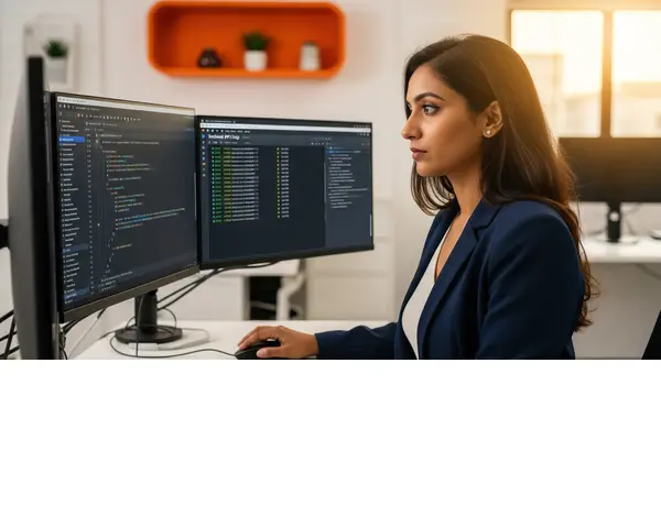 Offshore full stack developer writing Node.js API and React frontend code in modern Hyderabad workspace