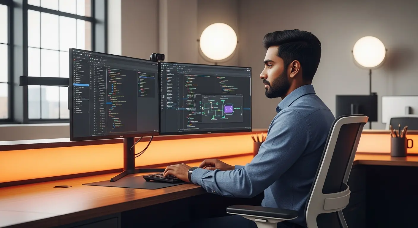 Offshore full stack developer reviewing React component architecture on dual monitors in Hyderabad office