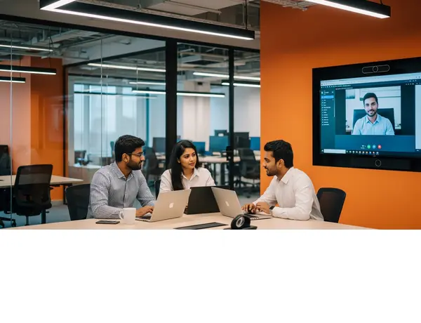Offshore full stack development team collaborating with US engineering manager via video call