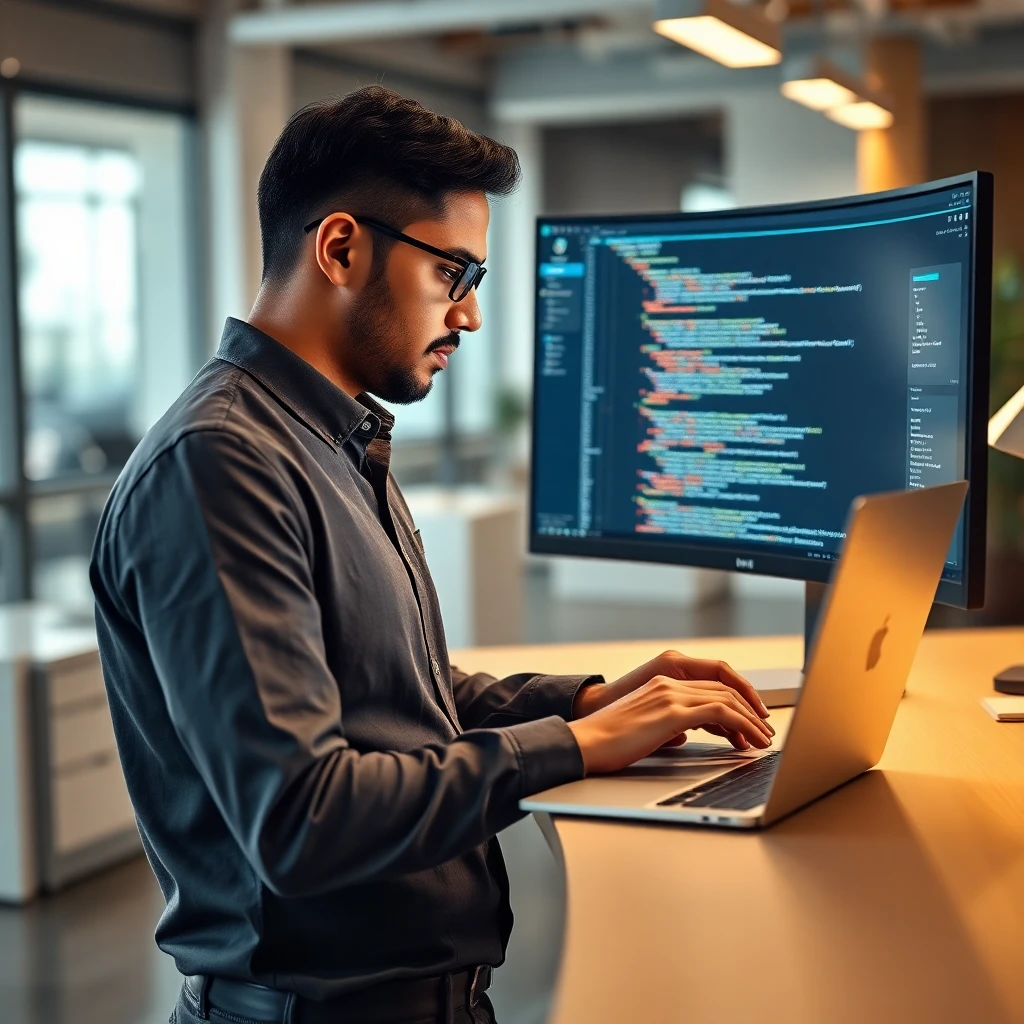 Offshore Node.js developer writing backend API code in modern workspace