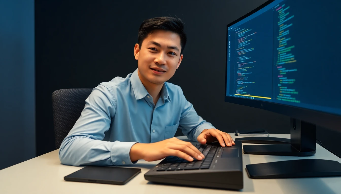 Offshore PHP developer writing Laravel code at dual monitors