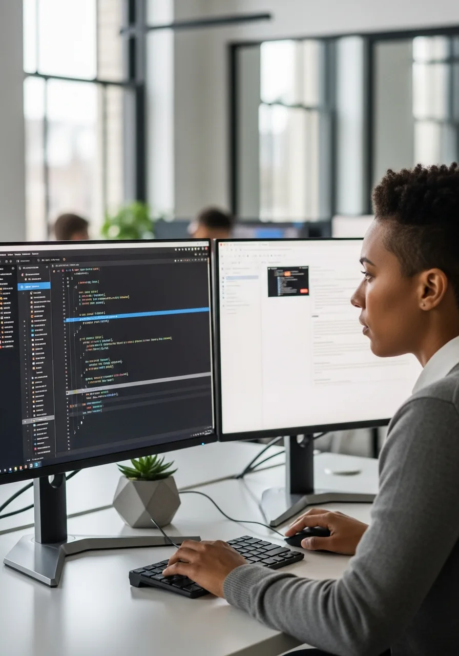 Offshore Vue.js developer working on frontend components at dual monitors — Kore BPO