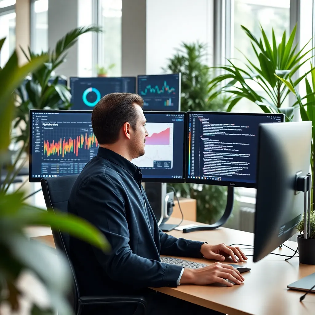 Offshore Vue.js developer at workstation with multiple monitors — Kore BPO