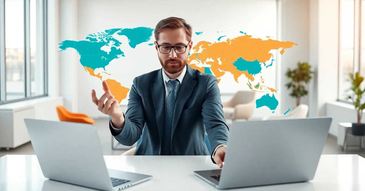 US business founder comparing onshore nearshore and offshore outsourcing models on a world map — Kore BPO guide