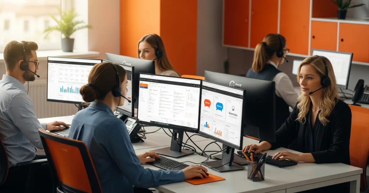 e-commerce brand customer service team on screens with retention dashboard showing growth