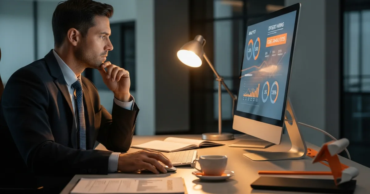 US business professional reviewing outsourcing statistics and offshore hiring data on a monitor, Kore BPO 2026 report