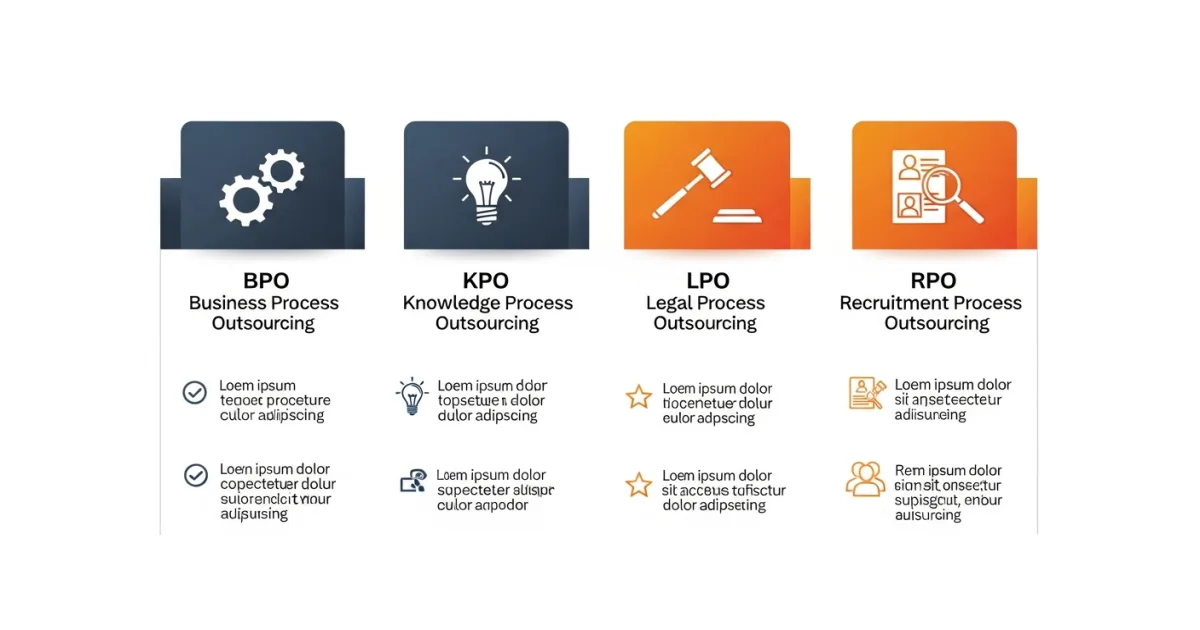 Side-by-side comparison visual of BPO KPO LPO RPO outsourcing types showing skill levels and use cases