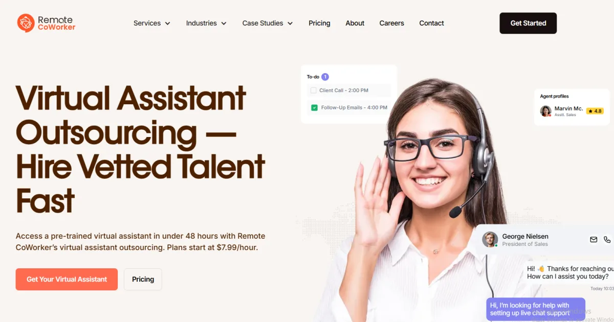 Remote CoWorker homepage showing virtual assistant outsourcing services