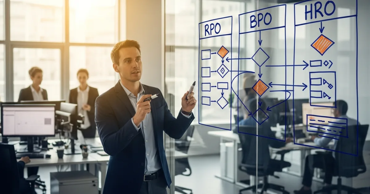 business leader reviewing rpo bpo and hro outsourcing models on a whiteboard with team in background