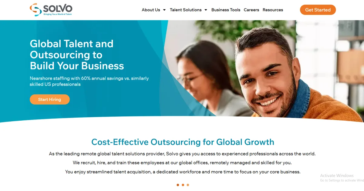 Solvo Global homepage showing global talent and outsourcing services