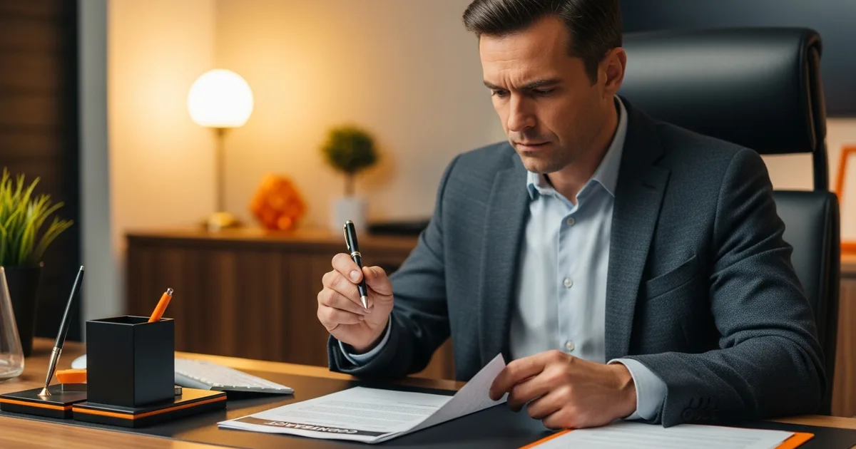 US business executive carefully reviewing a vendor contract before choosing between staff augmentation and BPO outsourcing