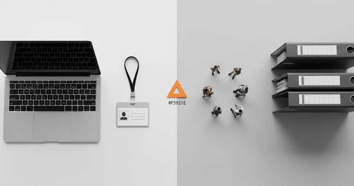 Overhead flat-lay comparison of staff augmentation individual employee placement versus managed BPO outsourcing team with orange triangle decision marker