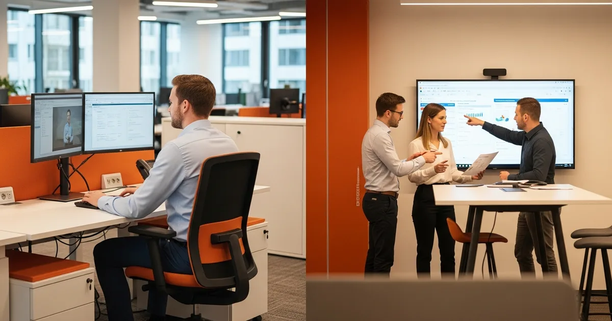 split-screen office comparison showing staff augmentation individual employee on left versus outsourced BPO team on right with orange accent divider